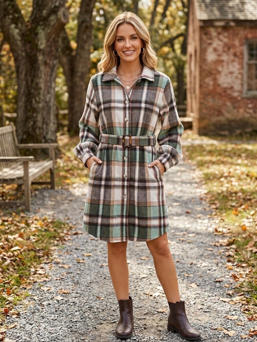 Hotouch Plaid Belted Long Shacket Dress Sage Green Brown Button Up Size Small